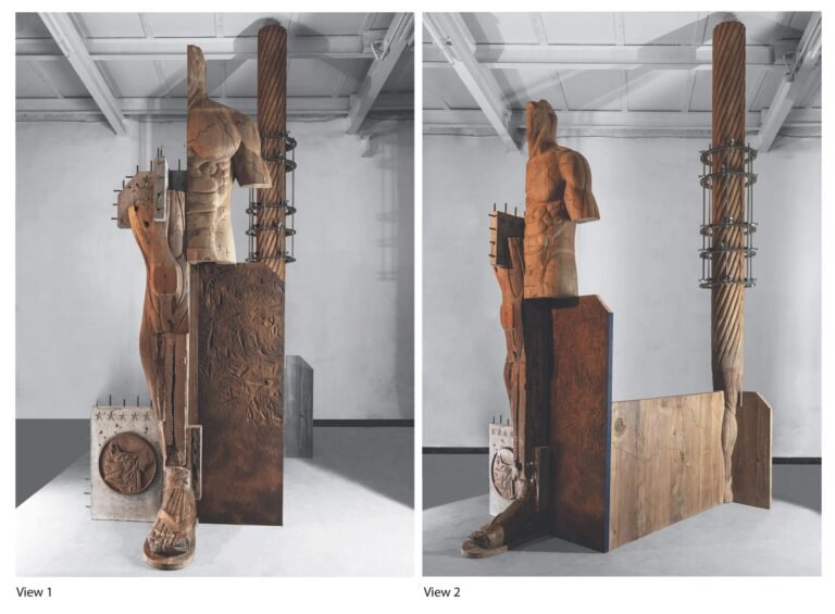 Riyas Komu | Walking Towards the National Museum II | 2008-26 | Recycled wood, concrete, stainless steel, adhesive and acrylic | 135(H) x 84 (L) x 55(D) Inches