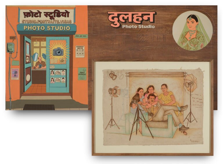 Roshan Chhabria | Dulhan Photo Studio | 2026 | Acrylic on wood and watercolour on paper | 30 x 48 Inches