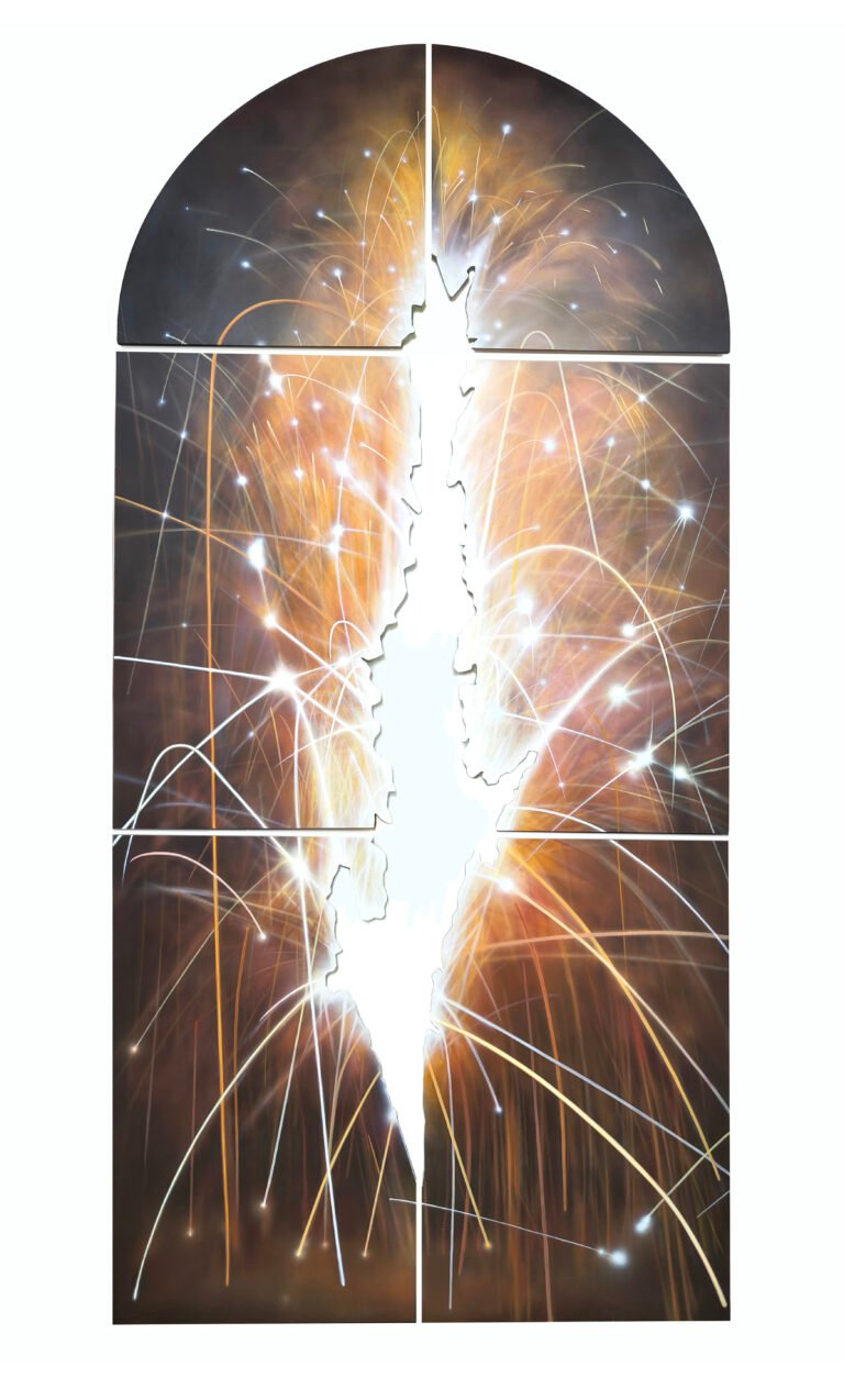 Salik Ansari | Altar of Celebrations | 2026 | Acrylic colour on treated HDHMR panels (Set of 6 units) | 119 x 58 Inches