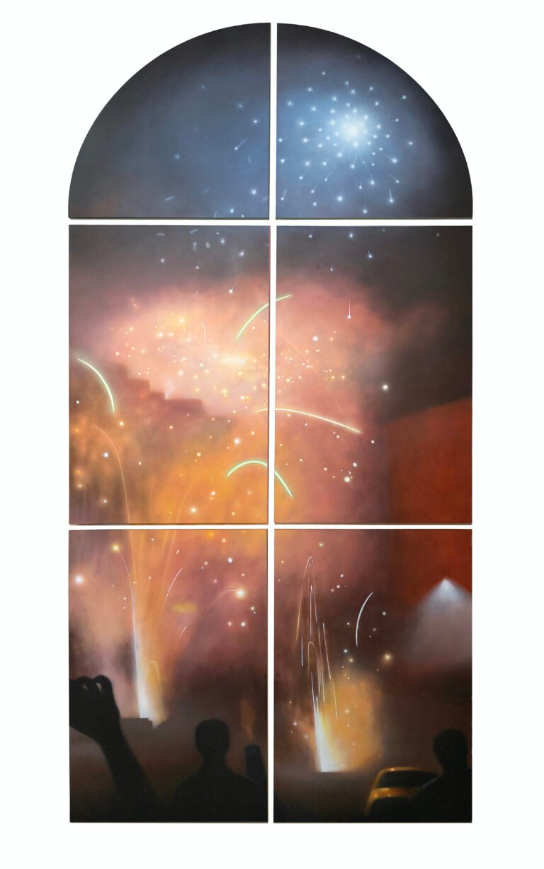 Salik Ansari | Altar of Celebrations | 2026 | Acrylic colour on treated HDHMR panels (Set of 6 units) | 119 x 58 Inches