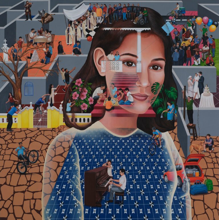 Schon Mendes | Sunday Evenings at the Balcao | 2026 | Acrylic on canvas | 48 x 48 Inches