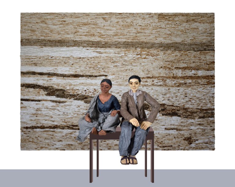Sudipta Das | Before We Arrive  | 2026 | Acid free paper on board, watercolour, coffee wash and paper pulp and hanji paper | Work Size: 54 x 69 Inches | Sculpture Size: 53 x 69 Inches