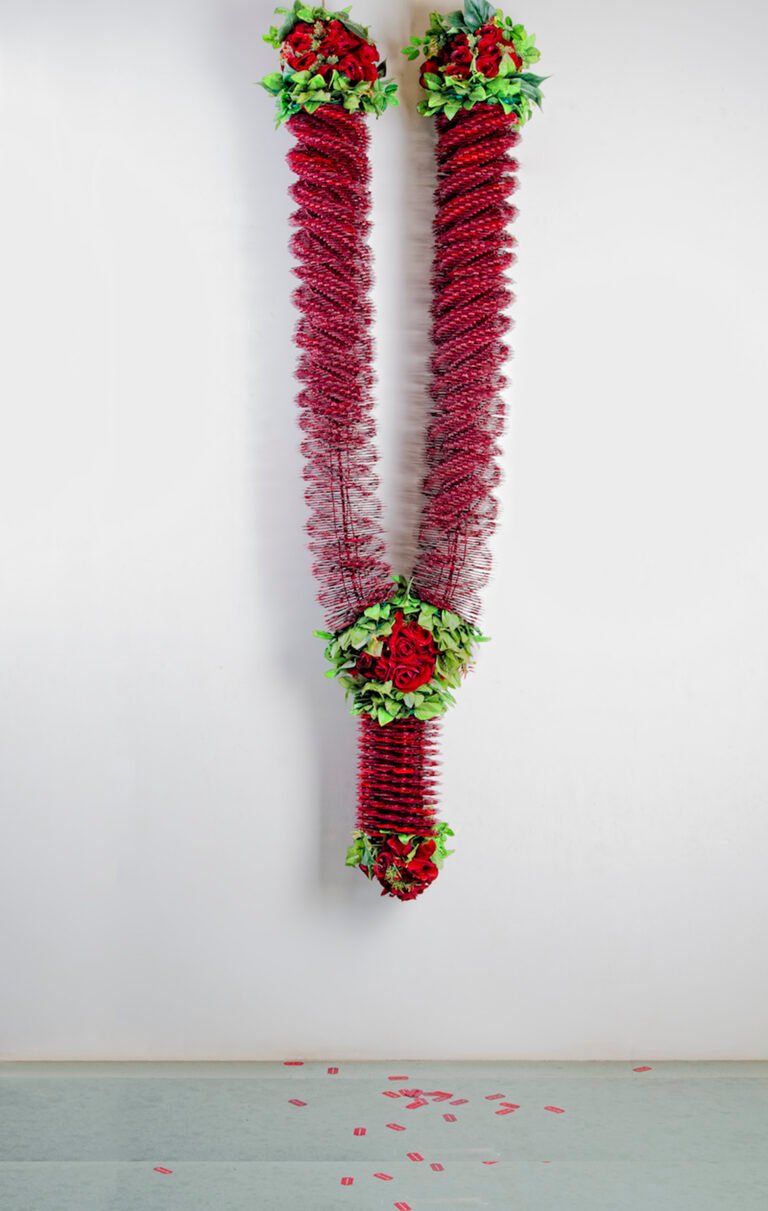 Sunil Gawde | 1991 – Madras | – | Powder-coated razor blades, stainless steel wire and readymade decorative roses. Limited edition 1 of 3 + 1 AP | Variable