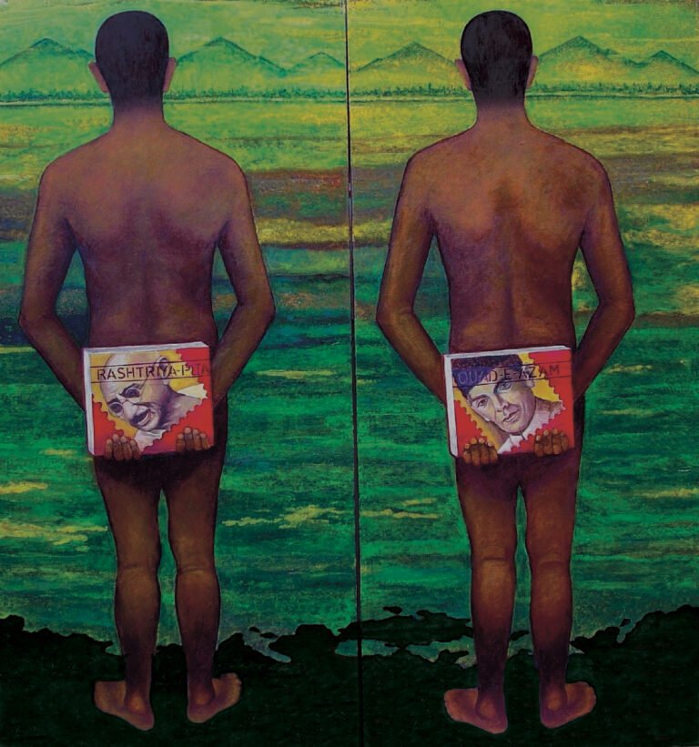 Veer Munshi | The Line Between Us | 2006 | Oil on canvas (Diptych) | 72 x 72 Inches