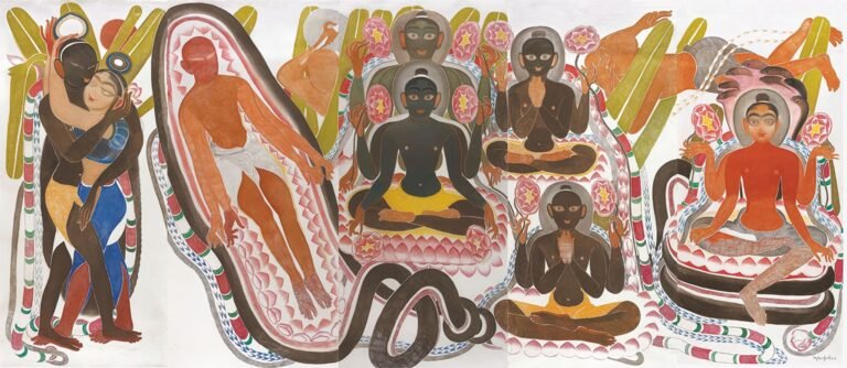 Shine Shivan | Kusum Sarovar | 2021-22 | Sanguine, charcoal, dry pastel and graphite on paper (Set of 5 units) | 129.5 x 306.5 Inches