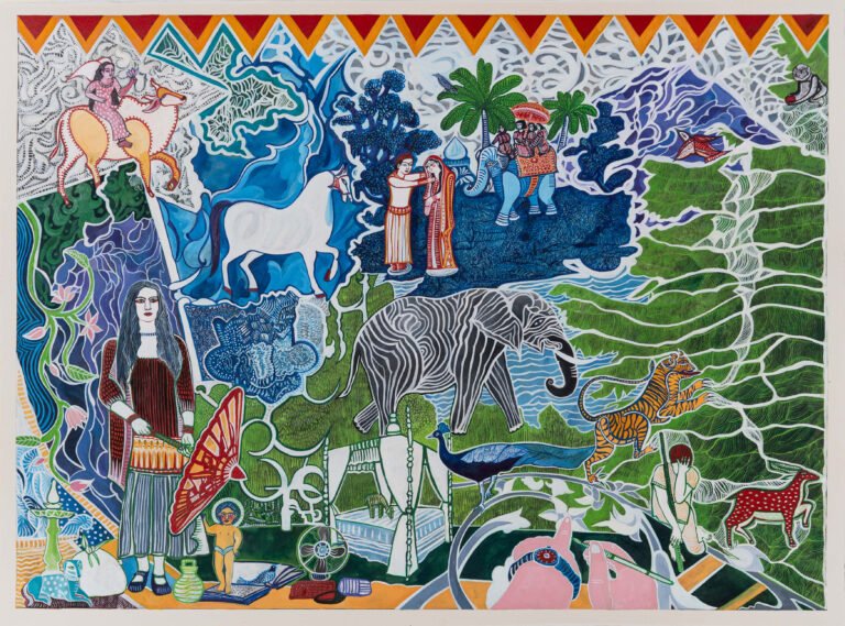 Rekha Rodwittiya | Home is Wherever You Are | 2026 | Hand painted watercolour over digital print of autobiographic imagery | 22 x 30 Inches