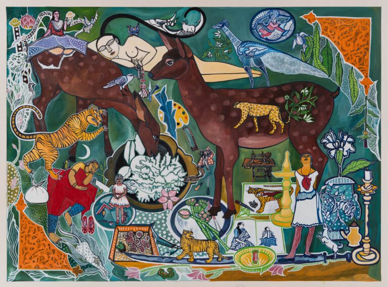 Rekha Rodwittiya | Home is Wherever You Are | 2026 | Hand painted watercolour over digital print of autobiographic imagery | 22 x 30 Inches