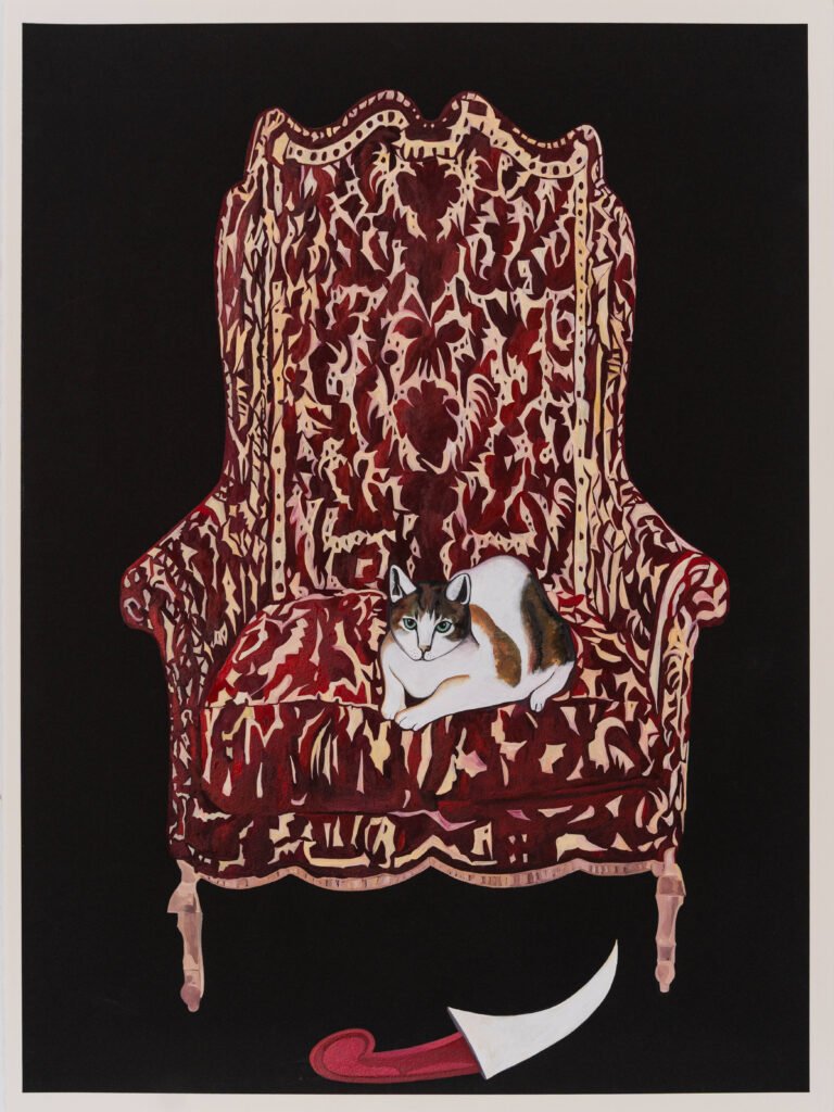 Rekha Rodwittiya | Still Life With Chair, Cat and Dagger | 2026 | Watercolour on autobiographic photo imagery | 30 x 22 Inches