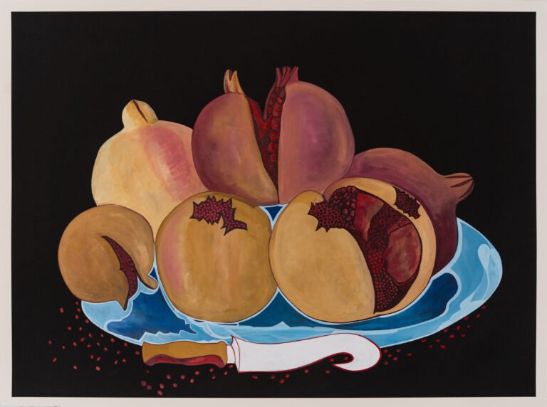 Rekha Rodwittiya | Pomegranates on a Blue Plate | 2026 | Watercolour on autobiographic photo imagery | 22 x 30 Inches