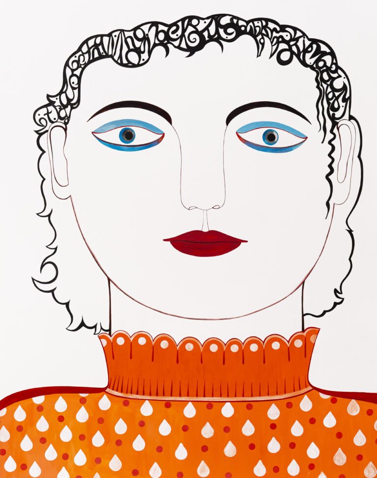 Rekha Rodwittiya | Lady With Alphabets in Her Head and Wearing a Patterned Sweater | 2026 | Watercolour on paper | 60 x 48 Inches